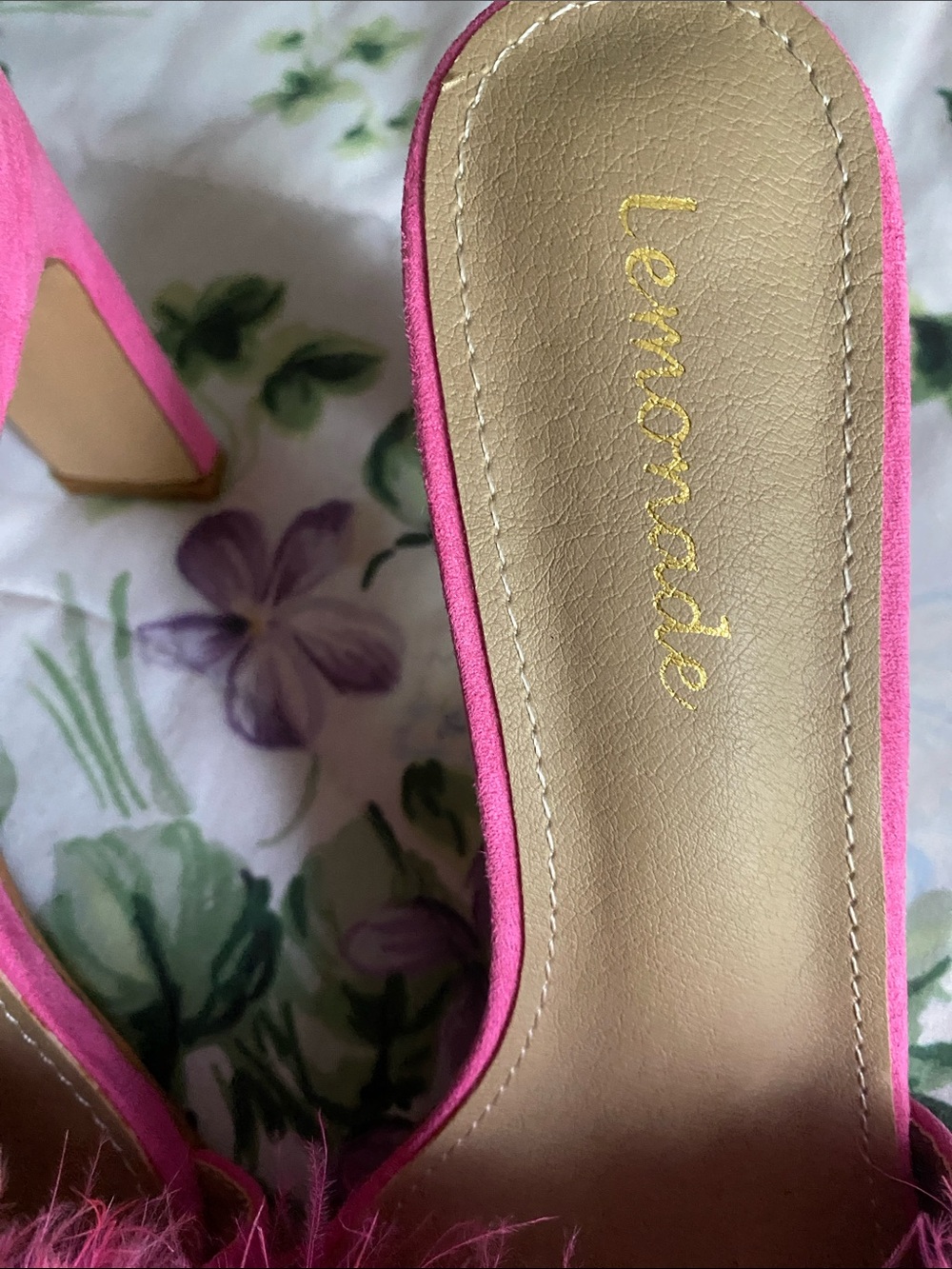 Lemon Neon Pink Feather Slide Heels - Picture 2 of 4